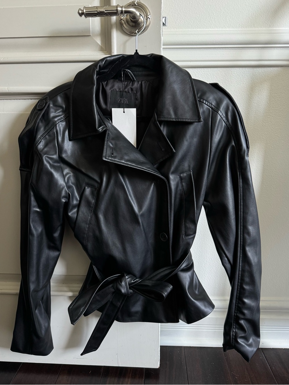 ZARA Black Faux Leather Belted Trench Jacket